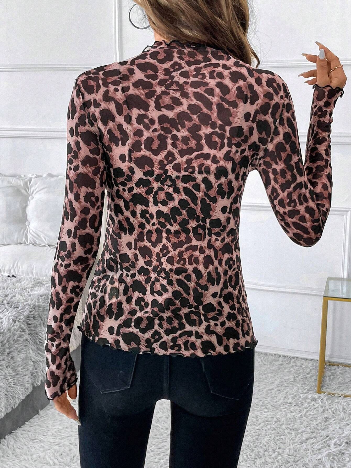 Womens Mesh T-shirt Fashion Long Sleeves Leopard Print Slim Blouse